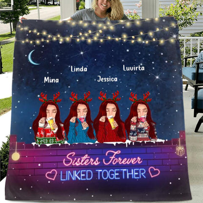 Personalized Sister Christmas Fleece Throw Blanket/Quilt - Gift Idea For Sisters - Up to 4 Sisters - Sisters Forever Linked Together