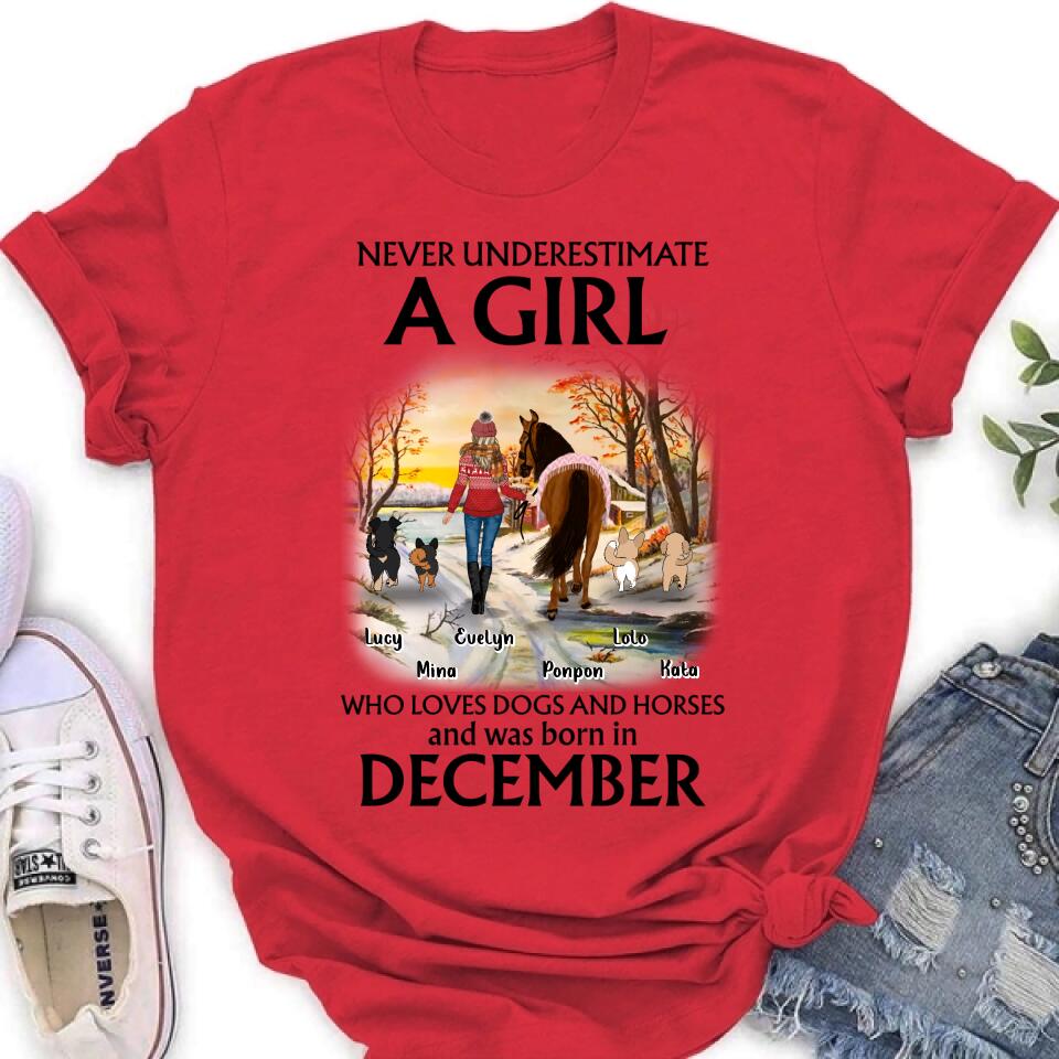 Personalized Dogs And A Horse Shirt - Up to 4 Dogs - Christmas Gift Idea For Horse/Dog Owners - Never Underestimate A Girl Who Loves Dogs And Horses