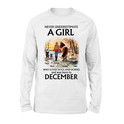 Personalized Dogs And A Horse Shirt - Up to 4 Dogs - Christmas Gift Idea For Horse/Dog Owners - Never Underestimate A Girl Who Loves Dogs And Horses