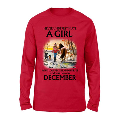 Personalized Dogs And A Horse Shirt - Up to 4 Dogs - Christmas Gift Idea For Horse/Dog Owners - Never Underestimate A Girl Who Loves Dogs And Horses