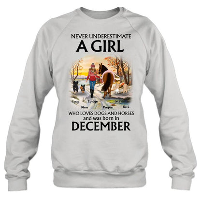 Personalized Dogs And A Horse Shirt - Up to 4 Dogs - Christmas Gift Idea For Horse/Dog Owners - Never Underestimate A Girl Who Loves Dogs And Horses