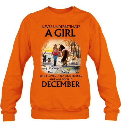 Personalized Dogs And A Horse Shirt - Up to 4 Dogs - Christmas Gift Idea For Horse/Dog Owners - Never Underestimate A Girl Who Loves Dogs And Horses