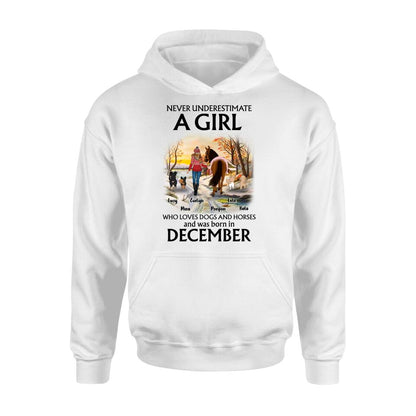 Personalized Dogs And A Horse Shirt - Up to 4 Dogs - Christmas Gift Idea For Horse/Dog Owners - Never Underestimate A Girl Who Loves Dogs And Horses