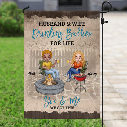 Personalized Couple Flag Sign - Gift Idea For Couple/Camping Lover - Husband & Wife Drinking Buddies For Life