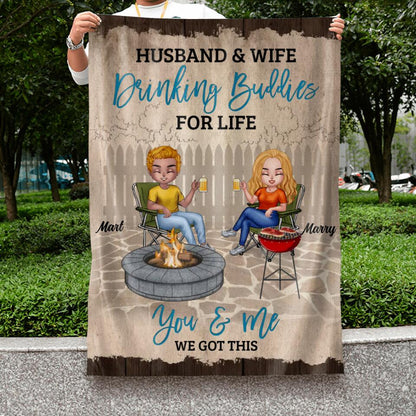 Personalized Couple Flag Sign - Gift Idea For Couple/Camping Lover - Husband & Wife Drinking Buddies For Life