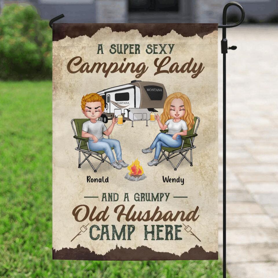 Personalized Camping Couple Flag Sign - Gift Idea For Couple/Camping Lovers - A Super Sexy Camping Lady And A Grumpy Old Husband Camp Here