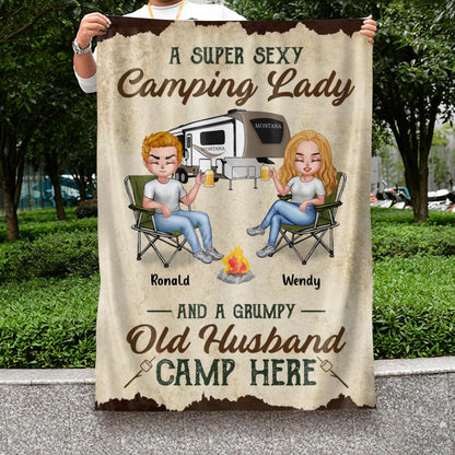 Personalized Camping Couple Flag Sign - Gift Idea For Couple/Camping Lovers - A Super Sexy Camping Lady And A Grumpy Old Husband Camp Here