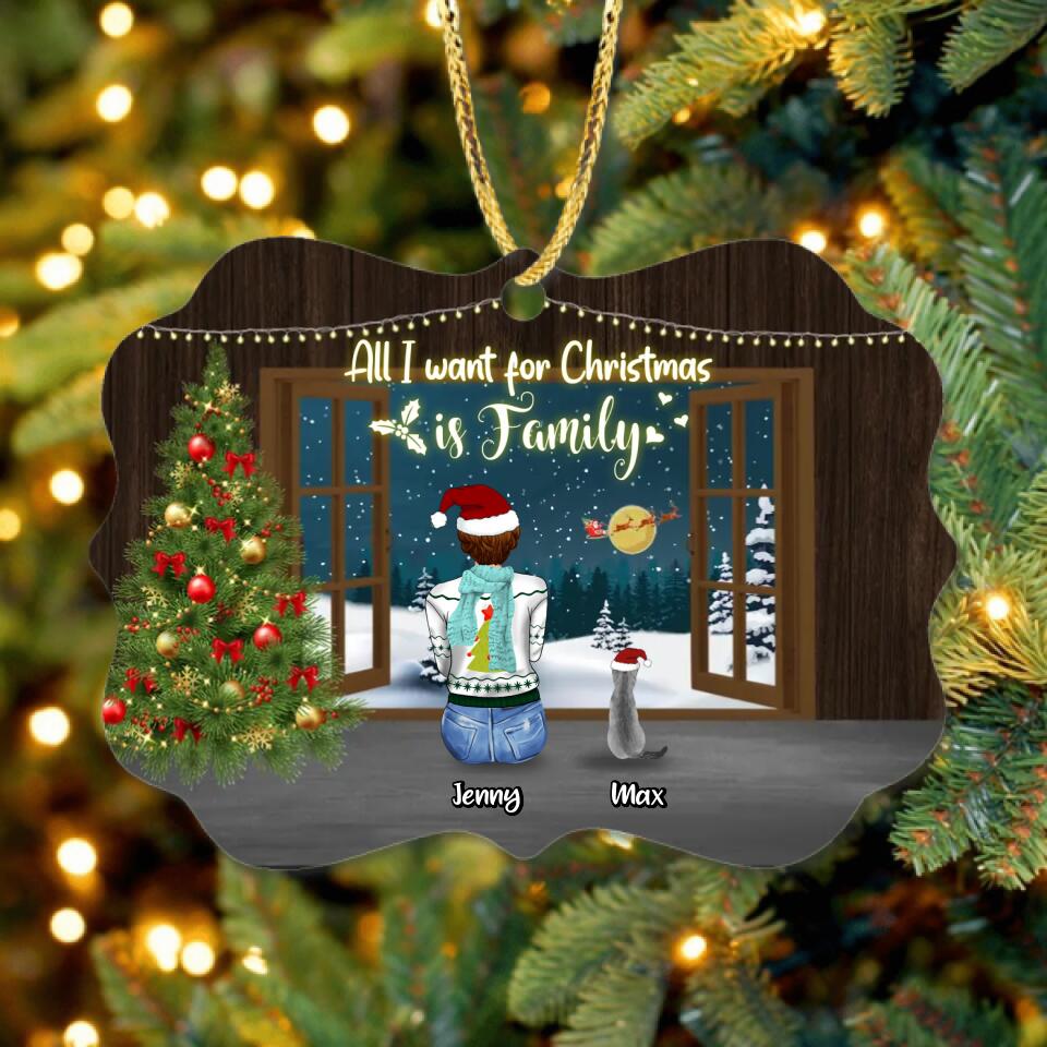 Personalized Christmas Family Rectangle Wooden/Acrylic Ornament - Gift Idea For Family/Christmas - Couple/Parents With Up To 3 Kids And 3 Pets - All I Want For Christmas Is Family