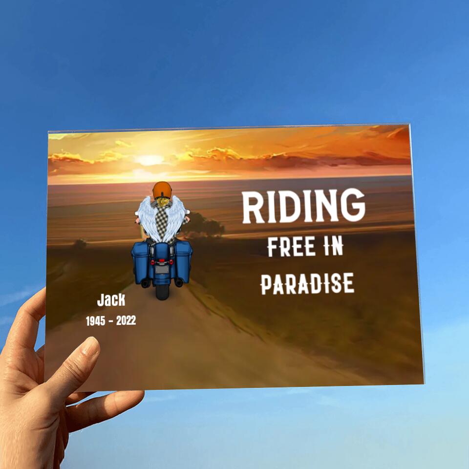 Personalized Memorial Biker Horizontal Acrylic Plaque - Memorial Gift Idea For Father's Day - Riding Free In Paradise