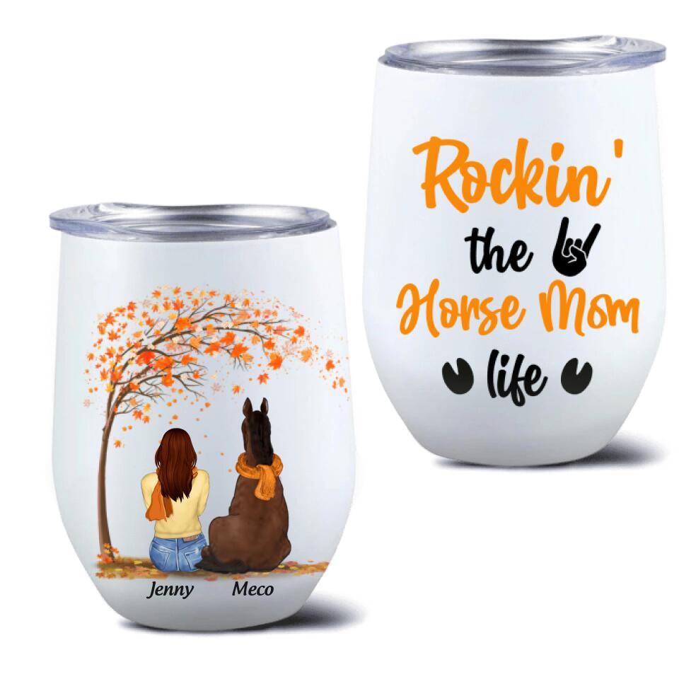Personalized Horse Mom In Autumn Wine Tumbler - Girl With Up to 3 Horses - Best Gift For Horse Lover - Rocking The Horse Mom Life