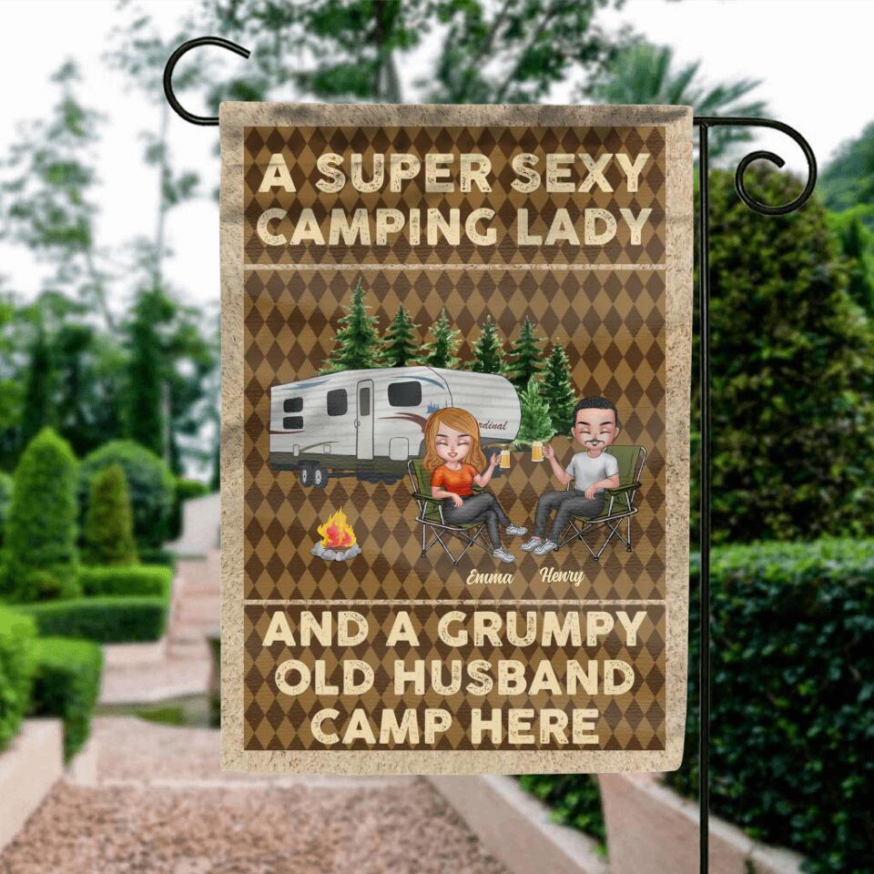 Personalized Camping Couple Flag Sign - Gift Idea For Couple/Camping Lover - A Super Sexy Camping Lady And A Grumpy Old Husband Camp Here