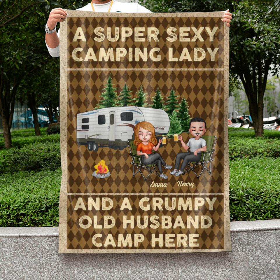 Personalized Camping Couple Flag Sign - Gift Idea For Couple/Camping Lover - A Super Sexy Camping Lady And A Grumpy Old Husband Camp Here