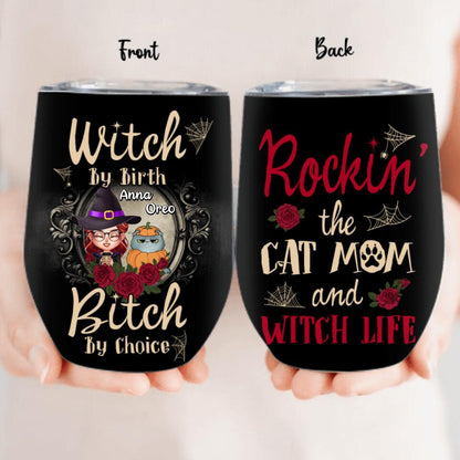Personalized Halloween Cat Mom Wine Tumbler - Gift Idea For Halloween/Cat Lover with up to 4 Cats - Rockin' The Cat Mom and Witch Life
