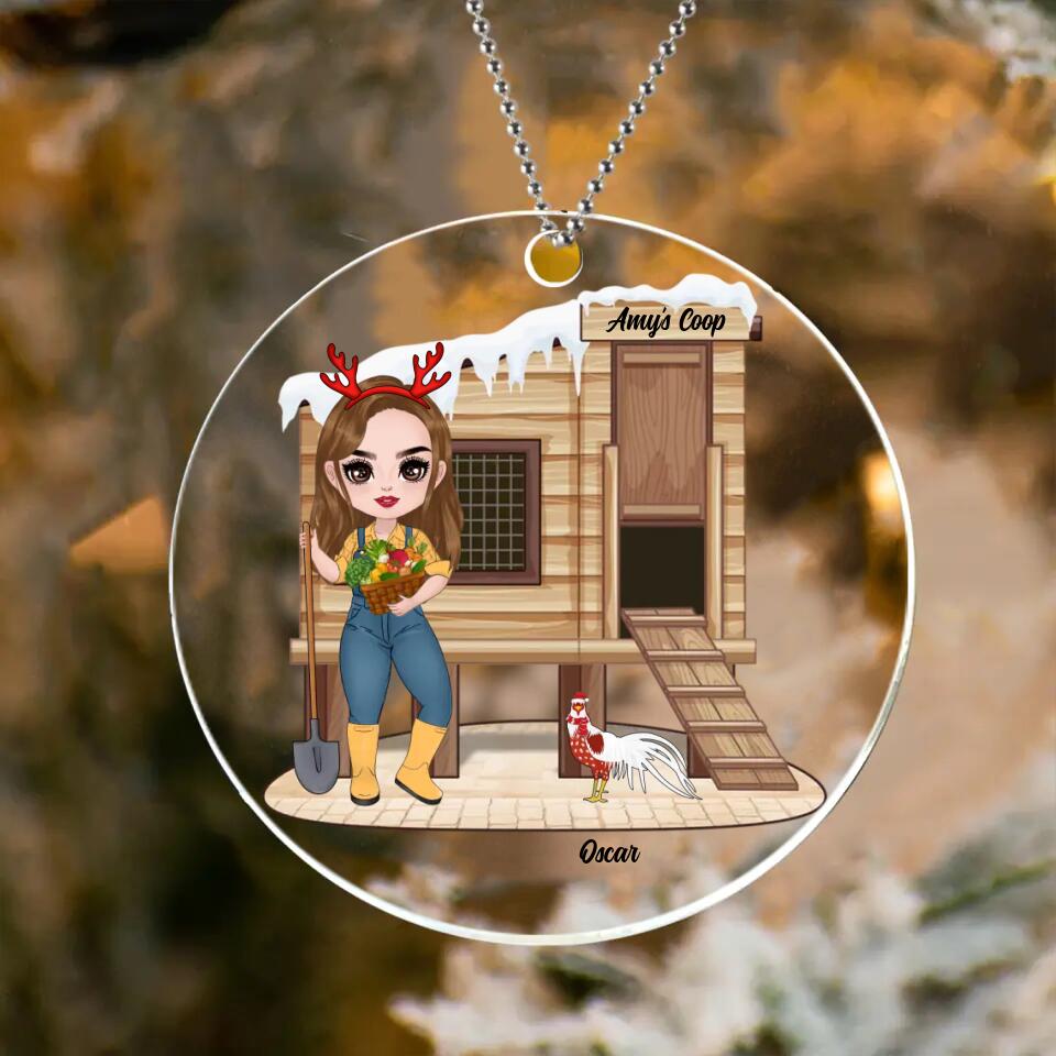 Personalized Farming Girl Chicken Coop Ornament - Christmas Decor For Farm Girls - Up to 9 Chickens