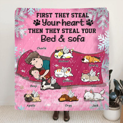 Personalized Couple With Pet Quilt/Fleece Blanket - Couple With Up to 8 Pets - Best Gift For Dog/Cat Lover - First They Steal Your Heart Then They Steal Your Bed And Sofa