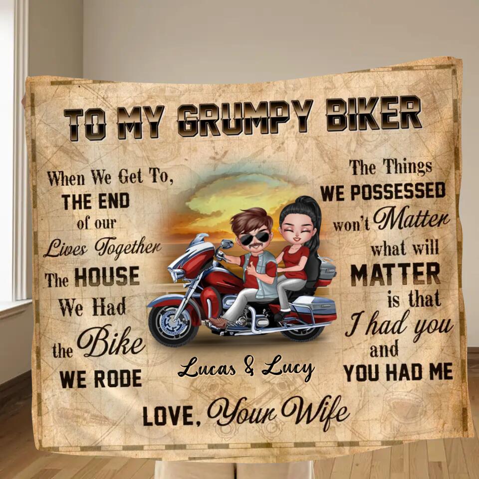 Personalized Couple Riding Pillow Cover/Fleece Throw Blanket/Quilt - Gift To Husband From Wife - To My Grumpy Biker