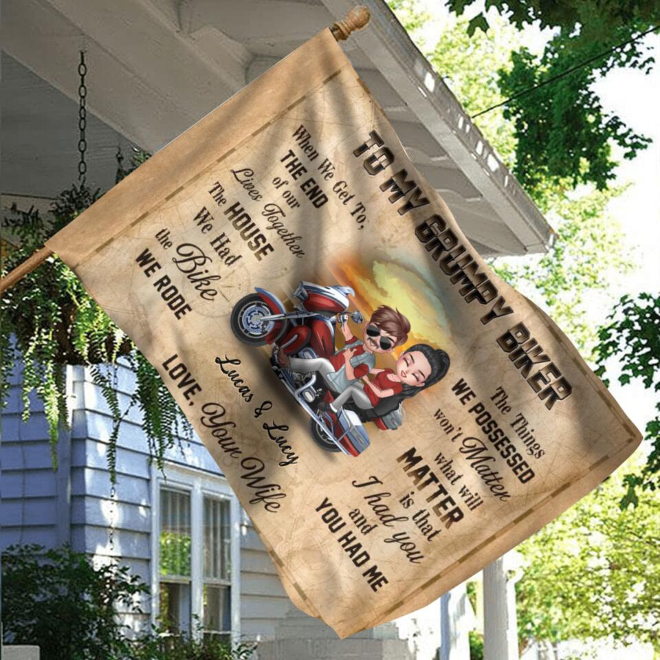 Personalized Couple Riding Flag Sign - Gift To Couple/Gift To Husband From Wife - To My Grumpy Biker