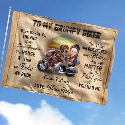 Personalized Couple Riding Flag Sign - Gift To Couple/Gift To Husband From Wife - To My Grumpy Biker