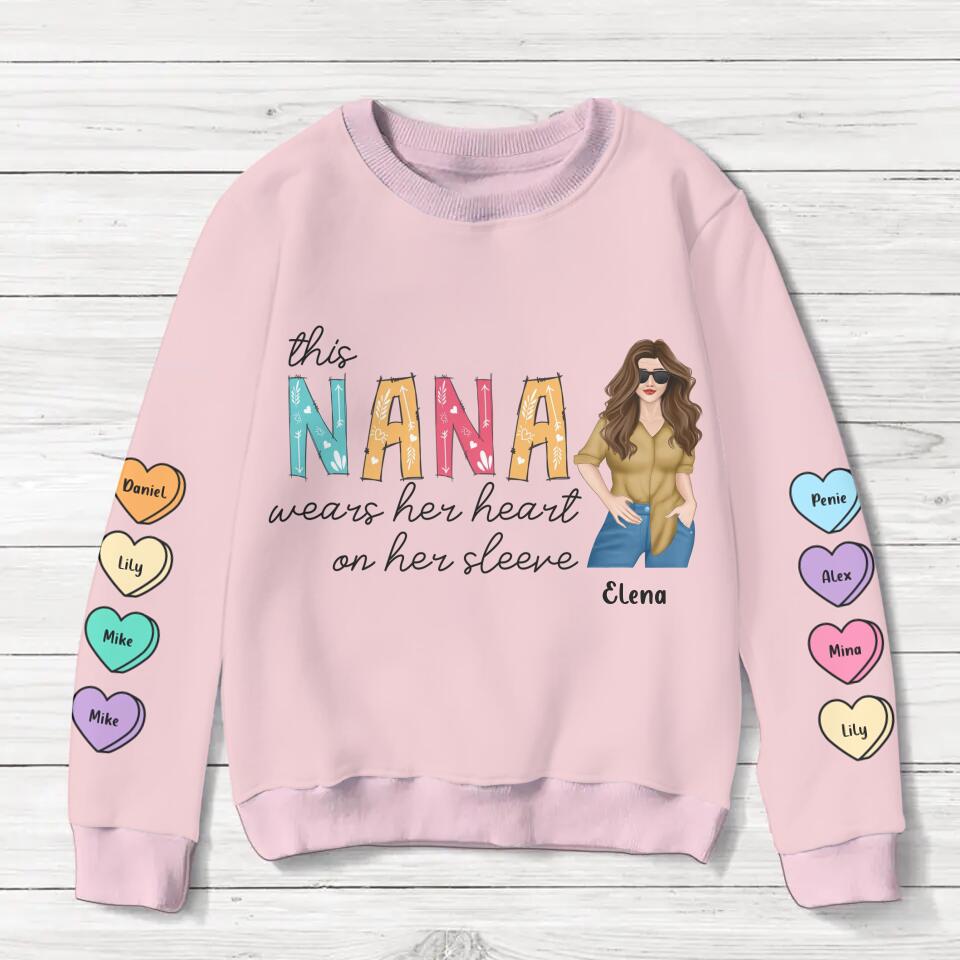 Personalized Nana Sweater - Gift for Grandma - Up to 8 Hearts - This Nana Wears Her Heart On Her Sleeve