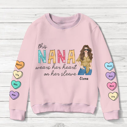Personalized Nana Sweater - Gift for Grandma - Up to 8 Hearts - This Nana Wears Her Heart On Her Sleeve