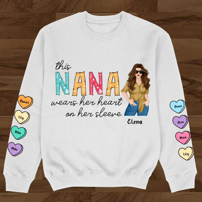 Personalized Nana Sweater - Gift for Grandma - Up to 8 Hearts - This Nana Wears Her Heart On Her Sleeve