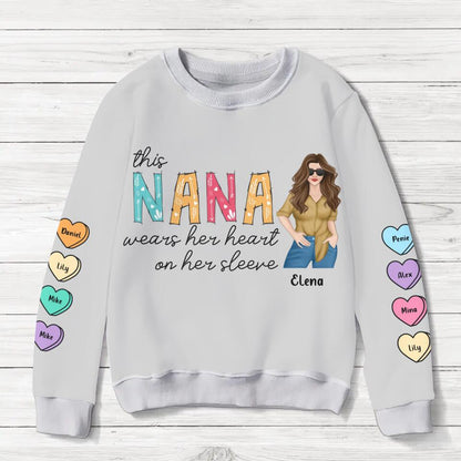 Personalized Nana Sweater - Gift for Grandma - Up to 8 Hearts - This Nana Wears Her Heart On Her Sleeve