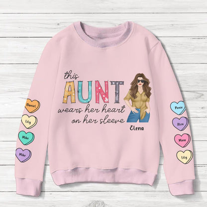 Personalized Aunt Sweater - Gift for Aunt - Up to 8 Hearts - This Aunt Wears Her Heart On Her Sleeve