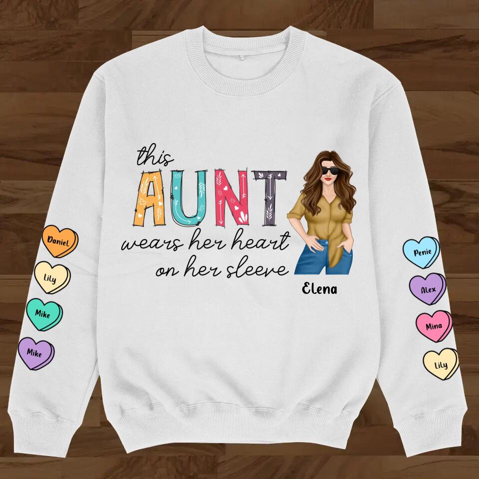Personalized Aunt Sweater - Gift for Aunt - Up to 8 Hearts - This Aunt Wears Her Heart On Her Sleeve