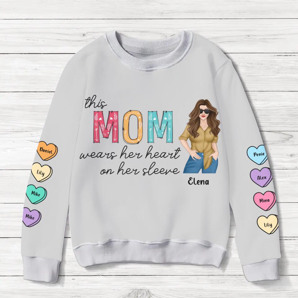Personalized Mom Sweater - Gift for Mother's Day - Up to 8 Hearts - This Mom Wears Her Heart On Her Sleeve