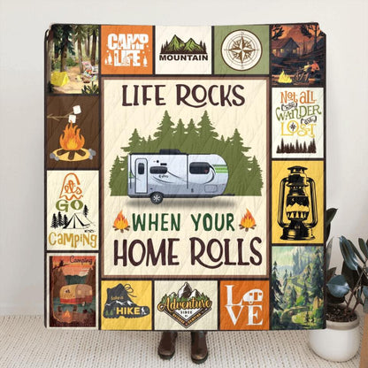Personalized Camping Fleece Throw Blanket/Quilt - Gift for Camping Lovers - Life Rocks When Your Home Rolls