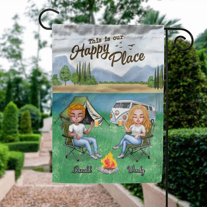 Personalized Camping Flag Sign - Up to 4 People and 2 Pets - Gift Idea For Couple/Camping/Dog/Cat Lovers - This Is Our Happy Place