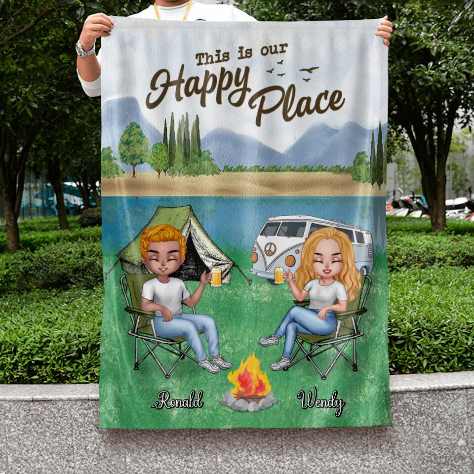 Personalized Camping Flag Sign - Up to 4 People and 2 Pets - Gift Idea For Couple/Camping/Dog/Cat Lovers - This Is Our Happy Place