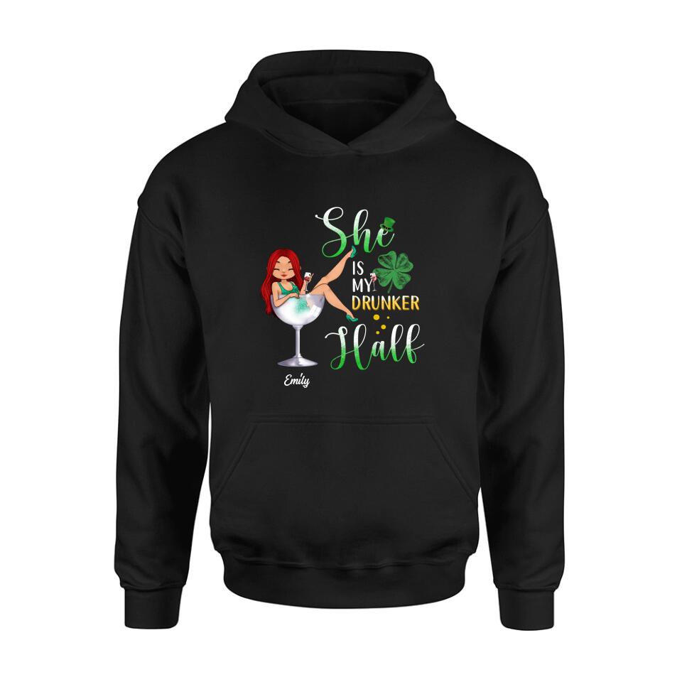 Personalized Drunker Half T-Shirt/Long Sleeve/Sweatshirt/Hoodie - Gift Idea For St. Patrick's Day - She Is My Drunker Half