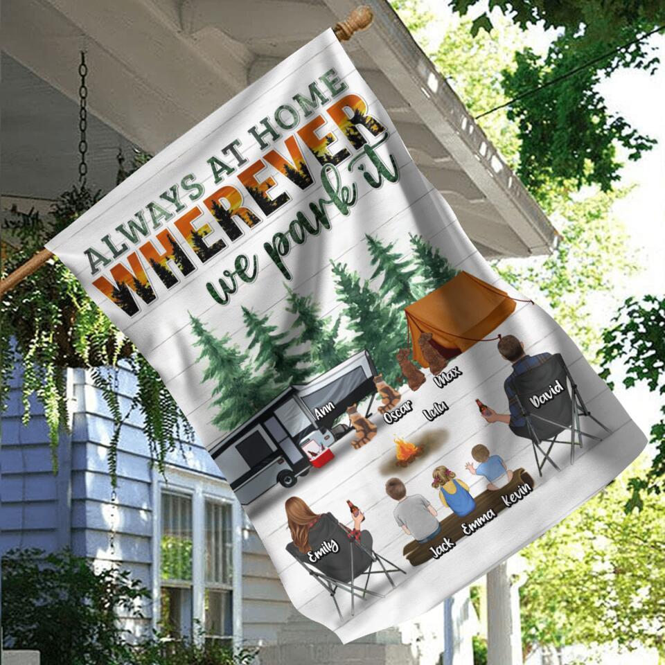 Personalized Camping Flag - Couple/Parents with Up to 3 Children and 4 Pets - Gift Idea From Camping Lovers/Family - Always At Home Wherever We Park It