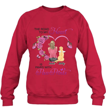 Custom Personalized Memorial Dog Mom T-shirt/ Long Sleeve/ Sweatshirt/ Hoodie - Memorial/ Mother's Day Gift For Dog Mom - The Road To My Heart Is Paved With Pawprints