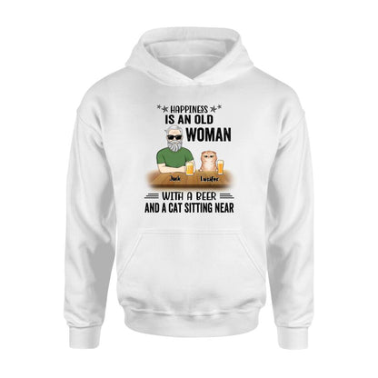 Custom Personalized Pet Lovers T-shirt - Gift Idea For Friends/Besties/Family - Happiness Is An Old Man With A Beer And A Cat Sitting Near