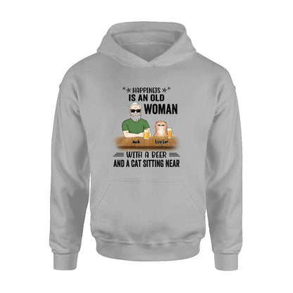 Custom Personalized Pet Lovers T-shirt - Gift Idea For Friends/Besties/Family - Happiness Is An Old Man With A Beer And A Cat Sitting Near