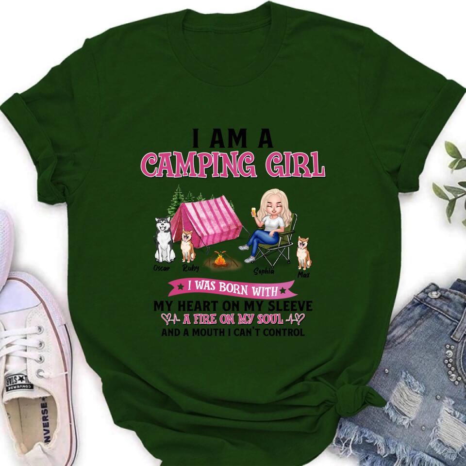 Personalized Camping T-shirt/Hoodie/Sleeve/Sweater - Gift for Camping Lovers, Dog Lovers - Camping Queen Dog Mom - Up to 3 Dogs - I am a camping girl