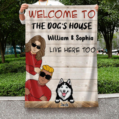 Personalized Couple With Dogs Flag Sign - Gift Idea For Couple/Dog Lover - Up to 3 Dogs - Welcome To The Dog's House