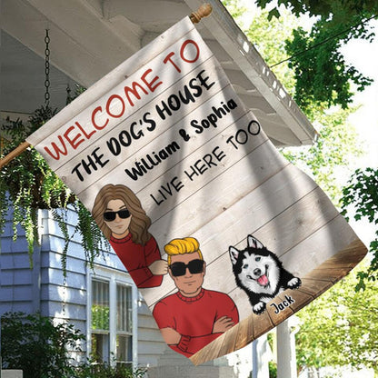 Personalized Couple With Dogs Flag Sign - Gift Idea For Couple/Dog Lover - Up to 3 Dogs - Welcome To The Dog's House