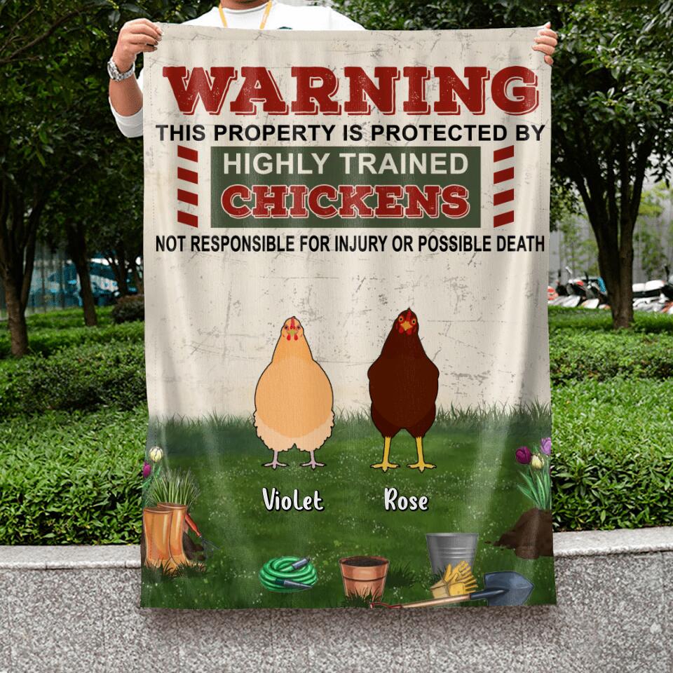 Personalized Chicken Flag Sign - Up to 7 Chickens - Gift Idea For Chicken Lovers - Warning This Property Is Protected By Highly Trained Chickens Not Responsible For Injury Or Possible Death