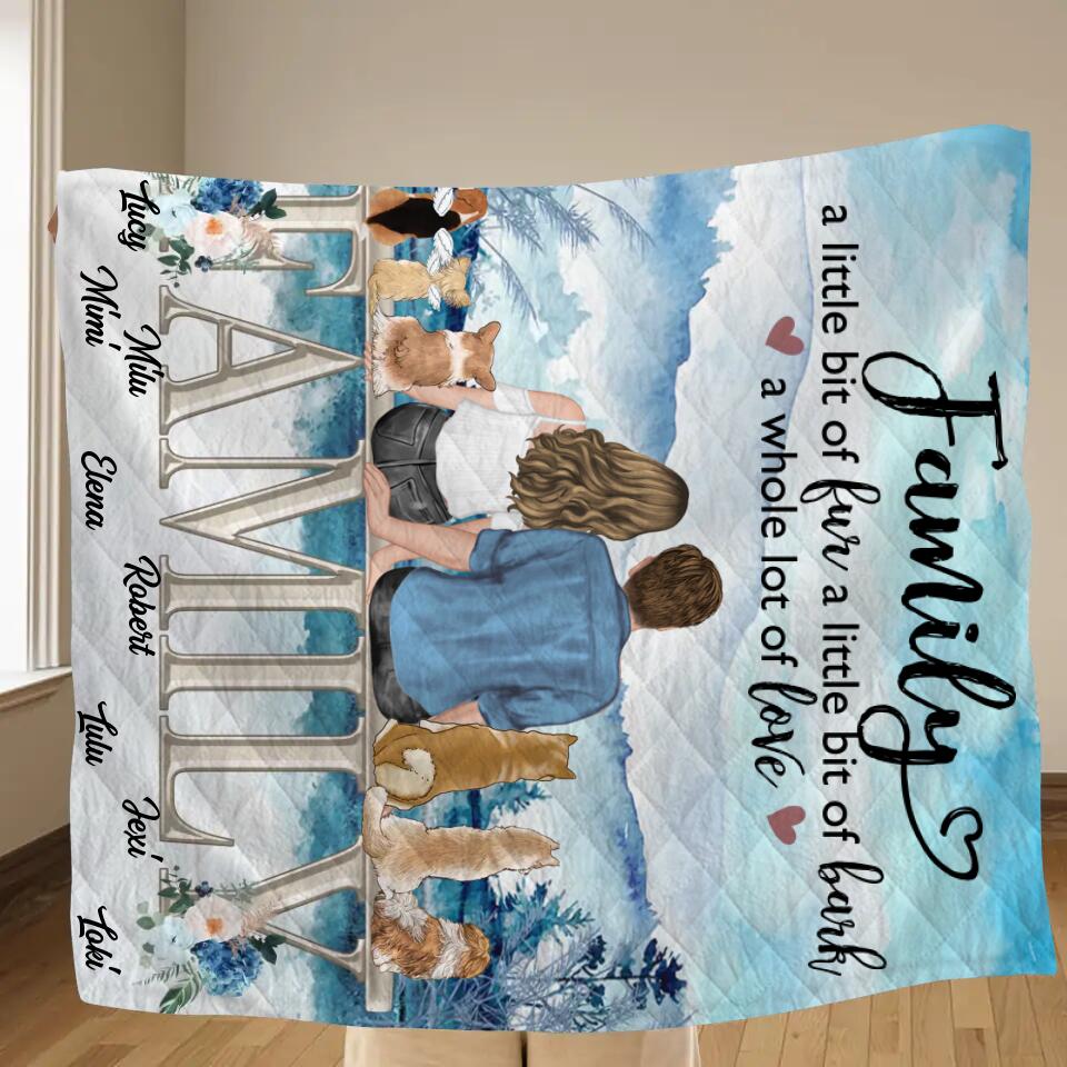 Personalized Couple With Dogs Quilt/Fleece Throw Blanket - Gift Idea For Couple/Dog Lovers - Up to 6 Dogs - Family A Little Bit Of Fur A Little Bit Of Bark A Whole Lot Of Love