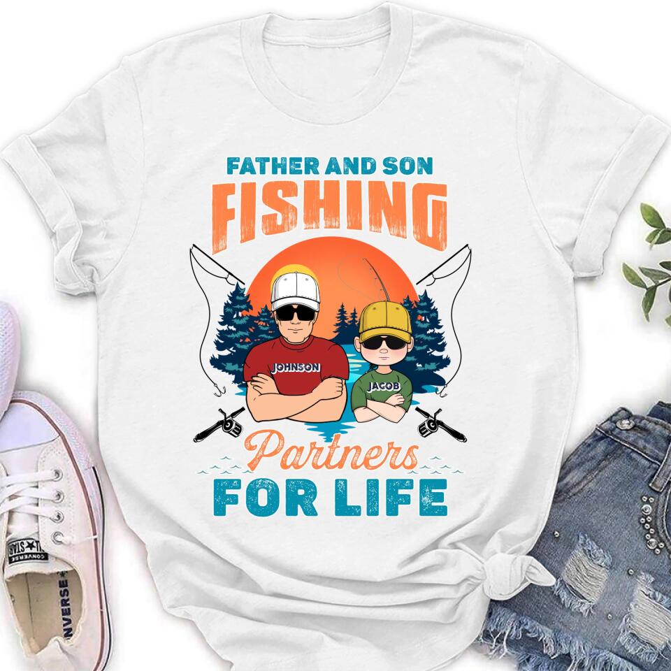 Personalized Father And Son Fishing T-Shirt/Long sleeve/Sweatshirt/Hoodie - Up to 3 Children - Gift Idea For Father/Son/Daughter/Father's Day/Fishing Lover - Father And Son Fishing Partners For Life