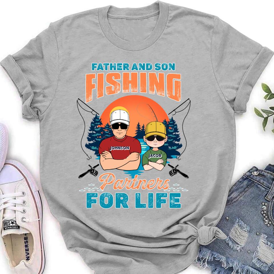 Personalized Father And Son Fishing T-Shirt/Long sleeve/Sweatshirt/Hoodie - Up to 3 Children - Gift Idea For Father/Son/Daughter/Father's Day/Fishing Lover - Father And Son Fishing Partners For Life