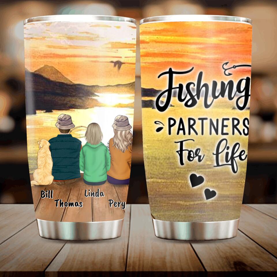 Personalized Fishing Tumbler - Adult/Single Parent/Parents With Up to 2 Kids And 4 Pets - Gift For Fishing Lover - Fishing Partners For Life