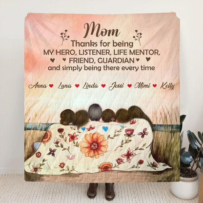 Personalized Mom & Daughter Fleece Throw Blanket/Quilt/Pillow Cover - Gift Idea For Mother's Day - Up to 5 Children - Mom Thanks For Being My Hero