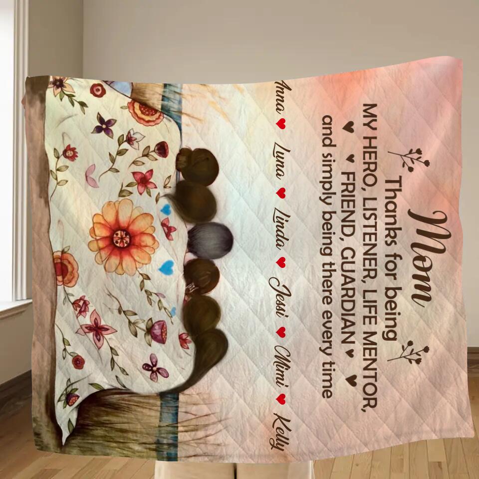 Personalized Mom & Daughter Fleece Throw Blanket/Quilt/Pillow Cover - Gift Idea For Mother's Day - Up to 5 Children - Mom Thanks For Being My Hero
