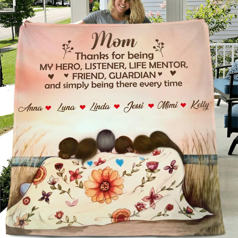 Personalized Mom & Daughter Fleece Throw Blanket/Quilt/Pillow Cover - Gift Idea For Mother's Day - Up to 5 Children - Mom Thanks For Being My Hero