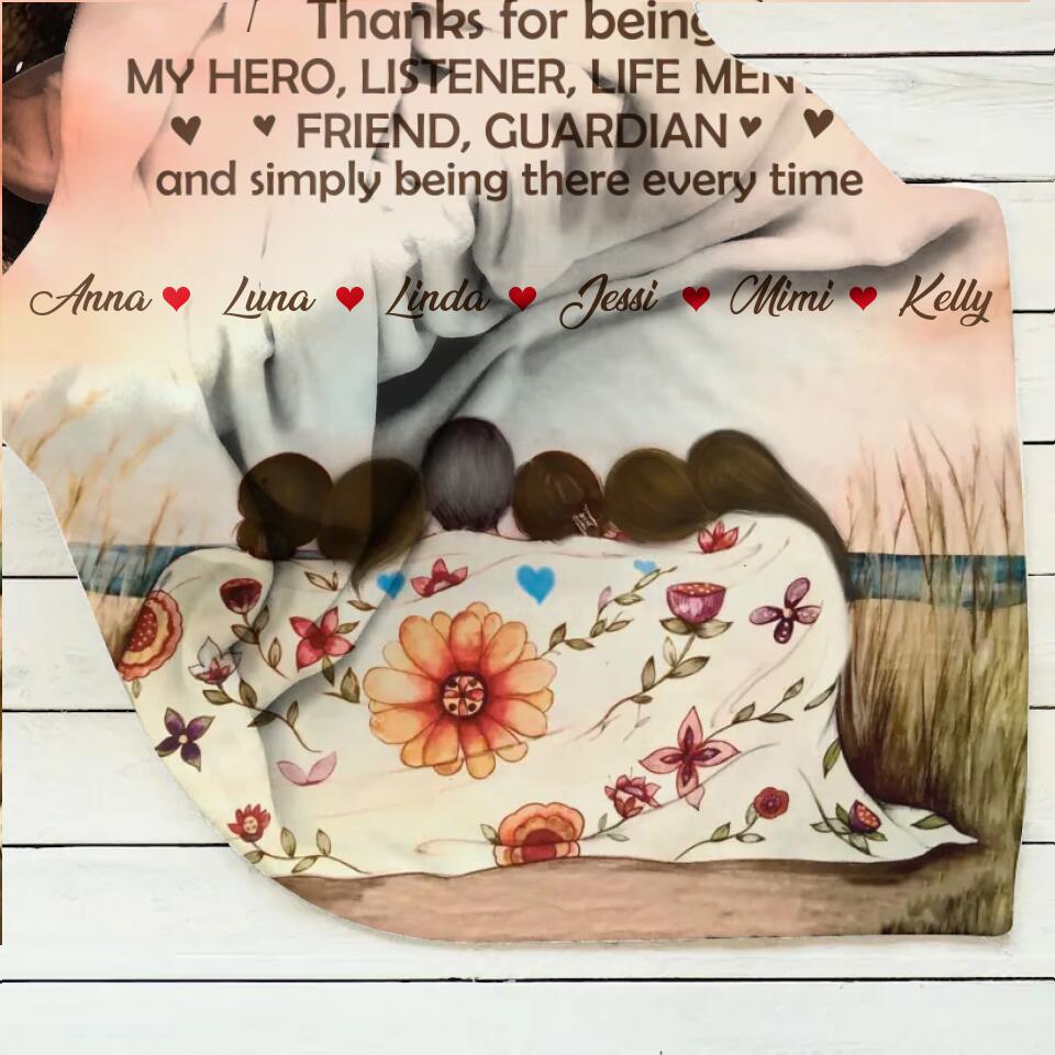 Personalized Mom & Daughter Fleece Throw Blanket/Quilt/Pillow Cover - Gift Idea For Mother's Day - Up to 5 Children - Mom Thanks For Being My Hero