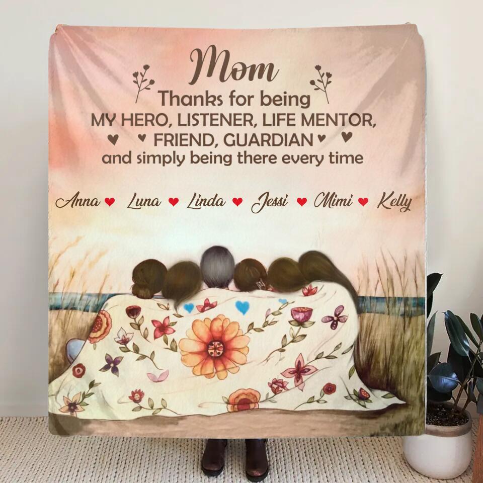 Personalized Mom & Daughter Fleece Throw Blanket/Quilt/Pillow Cover - Gift Idea For Mother's Day - Up to 5 Children - Mom Thanks For Being My Hero